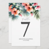 印刷可能なテーブル番号水色ピーチハイビスカス 招待状 (正面/裏面)