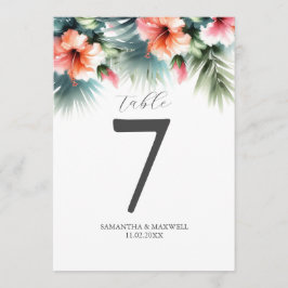 印刷可能なテーブル番号水色ピーチハイビスカス 招待状