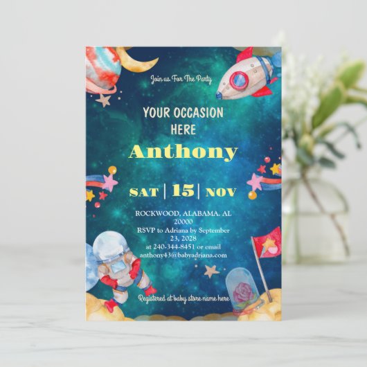 印刷可能なデジタルダウンロードの外部空間誕生日 招待状 (スタンド正面)