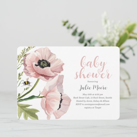 印刷可能なピンクのポピー赤ちゃんシャワー 招待状 (スタンド正面)