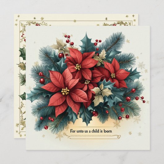 印刷可能なフェスティバルポインセチア出生聖句 招待状 (正面/裏面)