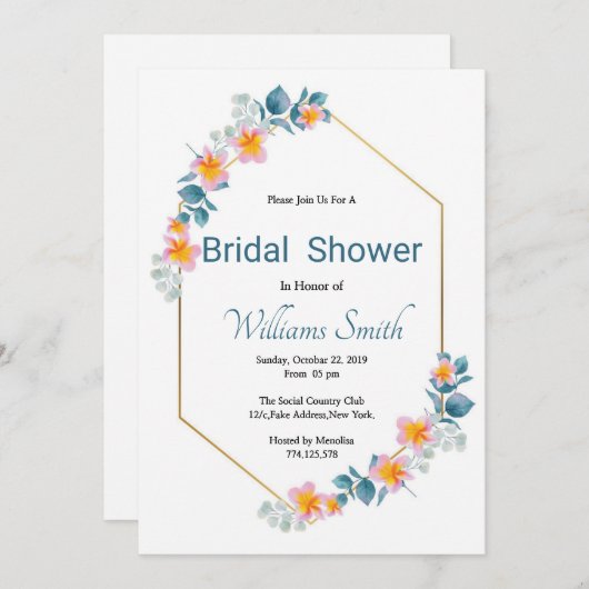 印刷可能なフローラブライダルシャワー招待状 招待状 (正面/裏面)