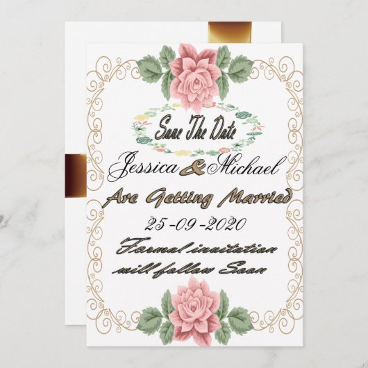 印刷可能なフローラ日付カードテンプレートの保存 招待状 (正面/裏面)