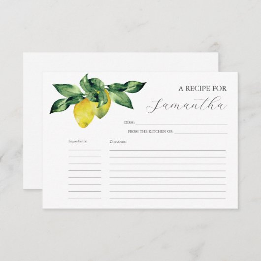 印刷可能なレシピカードウォーターカラーレモン 招待状 (正面/裏面)