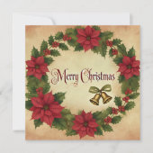 印刷可能なヴィンテージクリスマスポインセチアリース 招待状 (正面)