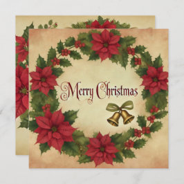 印刷可能なヴィンテージクリスマスポインセチアリース 招待状