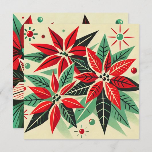 印刷可能なヴィンテージクリスマス50sポップ・アートのアートポインセチア 招待状 (正面/裏面)