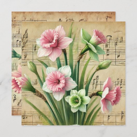 印刷可能なヴィンテージピンクと緑の水仙スクラップブック 招待状 (正面/裏面)