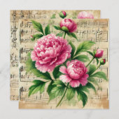 印刷可能なヴィンテージピンクと緑の牡丹スクラップブック 招待状 (正面/裏面)