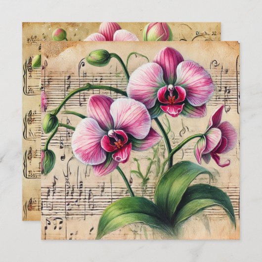 印刷可能なヴィンテージピンクと緑の蘭のスクラップブック 招待状 (正面/裏面)