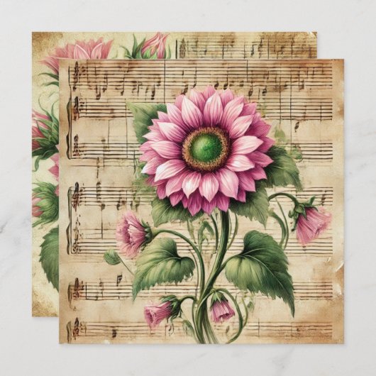 印刷可能なヴィンテージピンク&グリーンサンフラワースクラップブック 招待状 (正面/裏面)