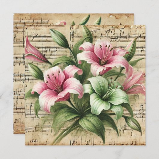 印刷可能なヴィンテージピンク&グリーンリリーのスクラップブック 招待状 (正面/裏面)