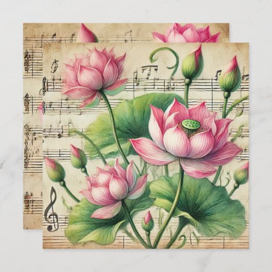 印刷可能なヴィンテージピンク&グリーンロータススクラップブック 招待状 (正面/裏面)