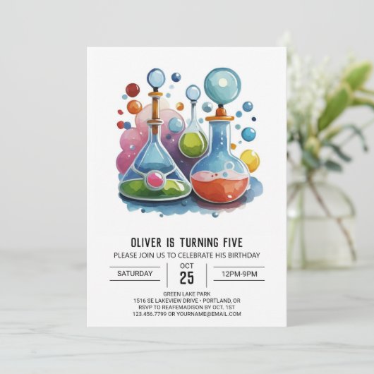 印刷可能な化学ウィムシーサイエンティスト誕生日 招待状 (スタンド正面)
