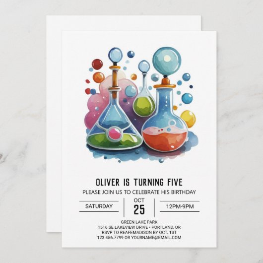 印刷可能な化学ウィムシーサイエンティスト誕生日 招待状 (正面/裏面)