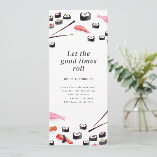 印刷可能な寿司誕生日パーティーへの招待 招待状 (スタンド正面)
