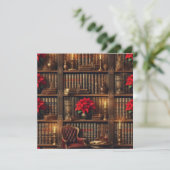 印刷可能な暗いアカデミアポインセチア本棚 招待状 (スタンド正面)