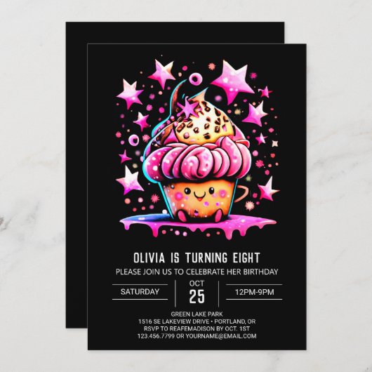 印刷可能な水の色エレガンスマフィンガール誕生日 招待状 (正面/裏面)