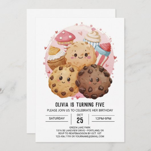 印刷可能な水の色キャンディークッキー誕生日 招待状 (正面/裏面)