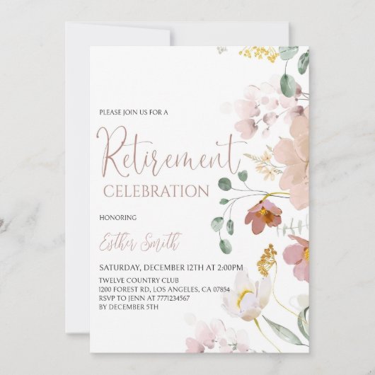 印刷可能な水彩フラワーズリタイアメント招待状 招待状 (正面)