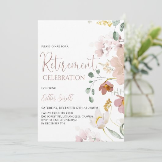 印刷可能な水彩フラワーズリタイアメント招待状 招待状 (スタンド正面)
