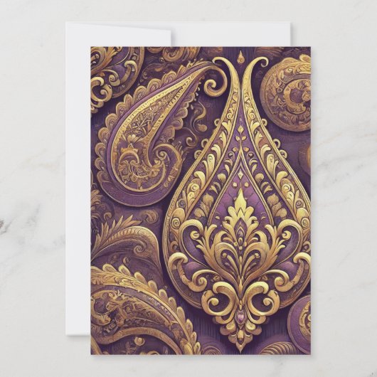 印刷可能な紫および金ゴールドビクトリアンペイズリーパターン 招待状 (裏面)