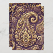 印刷可能な紫および金ゴールドビクトリアンペイズリーパターン 招待状 (正面/裏面)