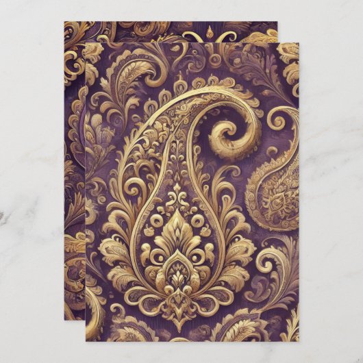 印刷可能な紫および金ゴールドビクトリアンペイズリーパターン 招待状 (正面/裏面)