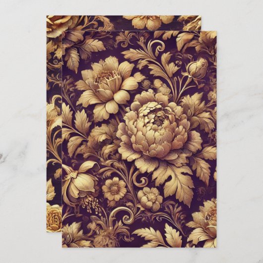 印刷可能な紫と金ゴールドビクトリアンの花のパターン 招待状 (正面/裏面)