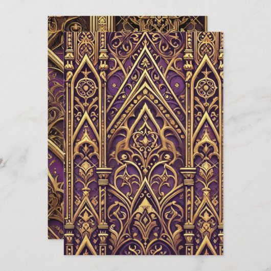 印刷可能な紫と金ゴールドビクトリアンゴシック模様 招待状 (正面/裏面)