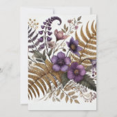 印刷可能な紫と金ゴールドボホワイルドフラワーズとシダ 招待状 (裏面)