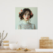 印刷可能な美しい女の子ホワイトドカジュアルレス ポスター (キッチン)