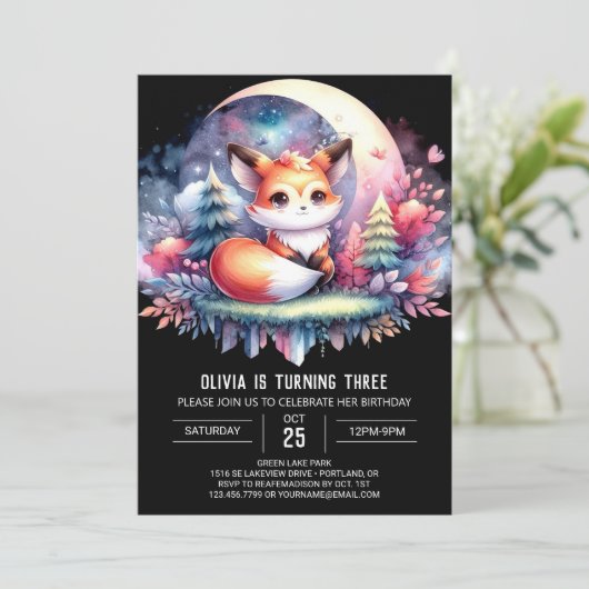 印刷可能な自然キツネ誕生日 招待状 (スタンド正面)