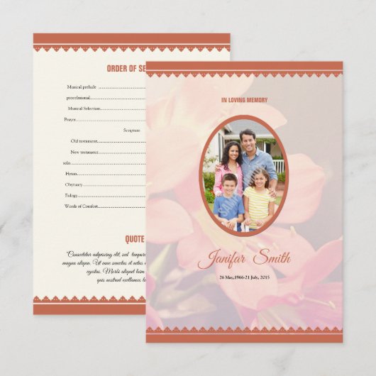 印刷可能な葬儀プログラムテンプレート 招待状 (正面/裏面)