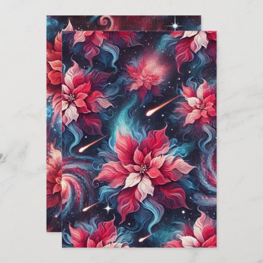 印刷可能な銀河系ポインセチア模様ペーパークラフト 招待状 (正面/裏面)