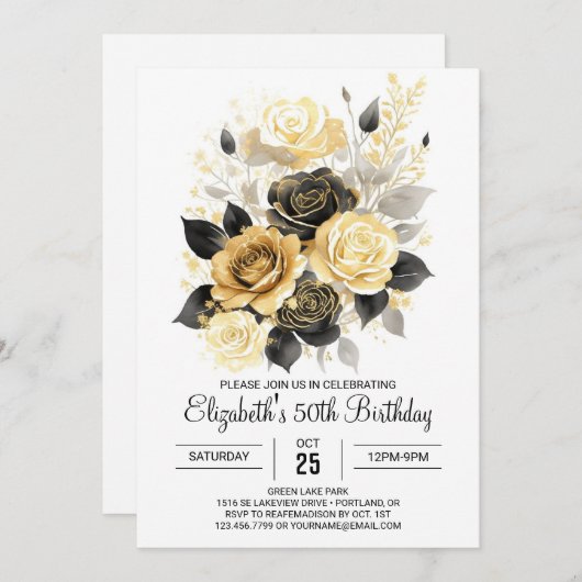印刷可能な開花金ゴールドと黒50誕生日 招待状 (正面/裏面)
