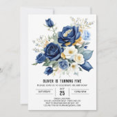 印刷可能な青フローラ誕生日 招待状 (正面)