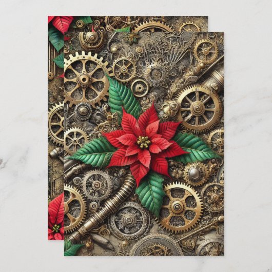 印刷可能なSteampunkパイプ&ポインセチア付きギア 招待状 (正面/裏面)