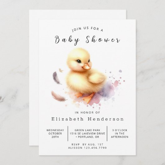 印刷可能エレガントなアヒル赤ちゃんシャワー 招待状 (正面/裏面)