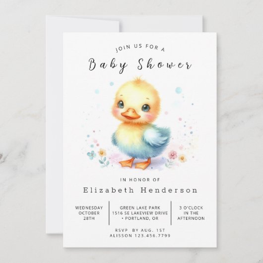 印刷可能エレガントなアヒル赤ちゃんシャワー 招待状 (正面)