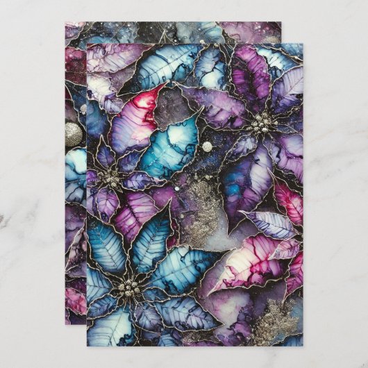 印刷可能カラフル銀河系アルコールインクポインセチア 招待状 (正面/裏面)