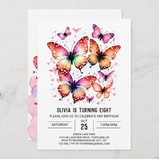 印刷可能ガーリーなバタフライガール誕生日 招待状 (正面/裏面)