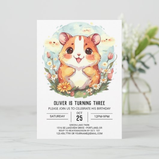 印刷可能ハッピーハムスター誕生日 招待状 (スタンド正面)