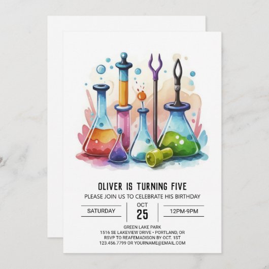 印刷可能フラスクポションサイエンティスト誕生日 招待状 (正面/裏面)