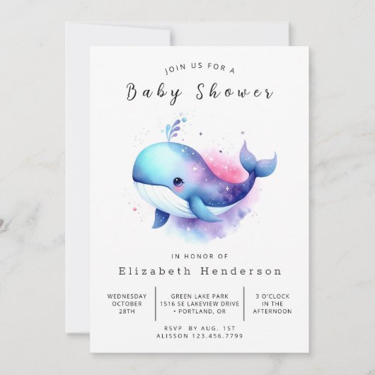 印刷可能モダンなクジラの赤ちゃんシャワー 招待状 (正面)