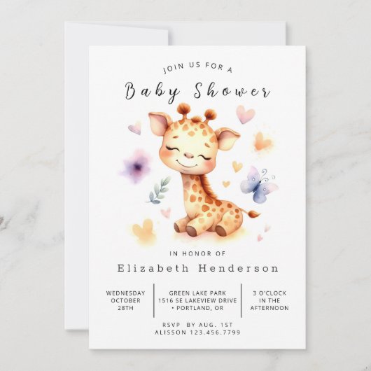 印刷可能ユニークなキリン赤ちゃんシャワー 招待状 (正面)