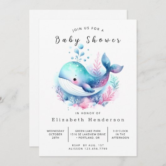 印刷可能ユニークなクジラの赤ちゃんシャワー 招待状 (正面/裏面)