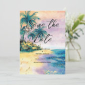印刷可能ロマンチックビーチ結婚式 セーブザデート (スタンド正面)