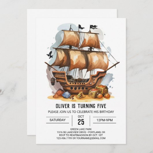 印刷可航海の能おもしろい誕生日 招待状 (正面/裏面)