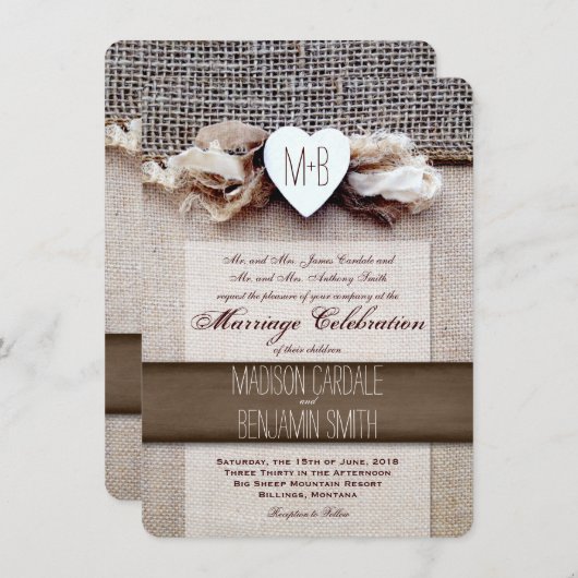 印刷素朴されたBurlapハートイニシャル結婚式の招待 招待状 (正面/裏面)